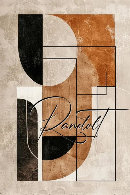 Abstract geometric art with black, brown shapes and cursive 'Randolt' text on textured beige background.