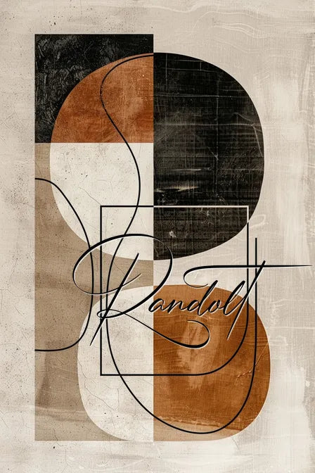 Geometric abstract art with earthy tones, featuring overlapping circles and rectangles, with elegant script lettering.