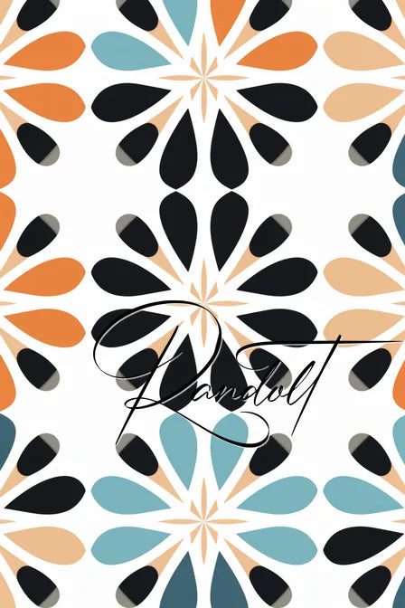 Abstract floral pattern with orange, blue, and black teardrop shapes on a white background and cursive script overlay.