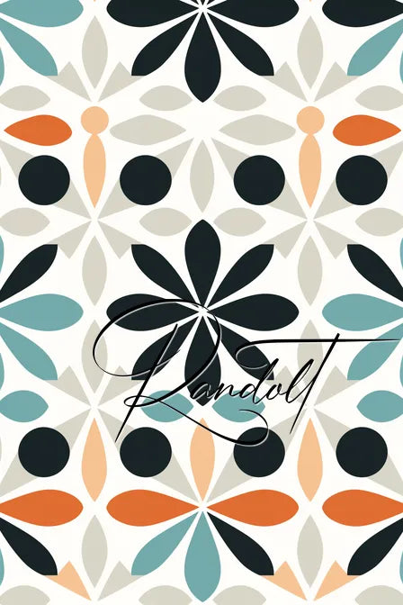 Colorful geometric pattern with floral elements and cursive 'Randolt' text overlay.