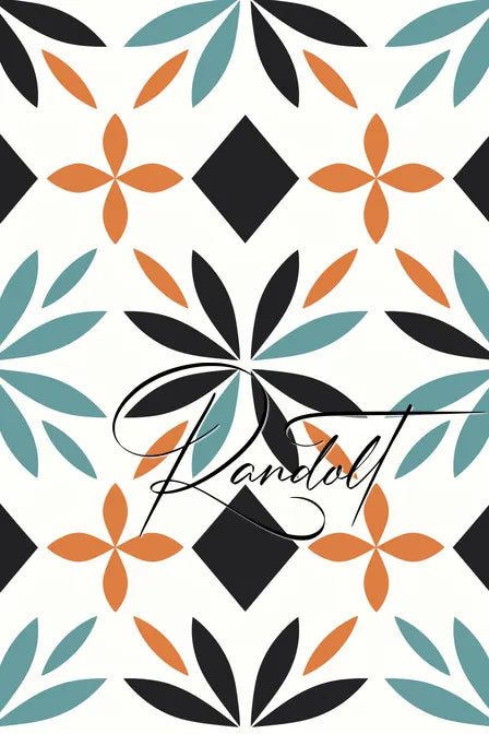 Geometric and floral pattern with black, teal, and orange shapes, featuring the word 'Randolt' in cursive.