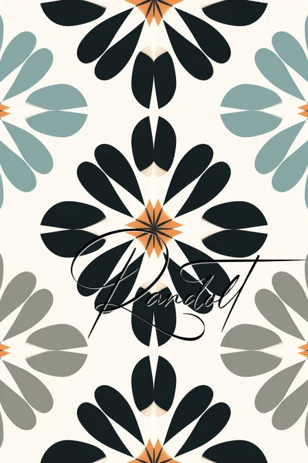 Geometric floral pattern with black, blue, and orange petals on white background, featuring calligraphic text overlay.