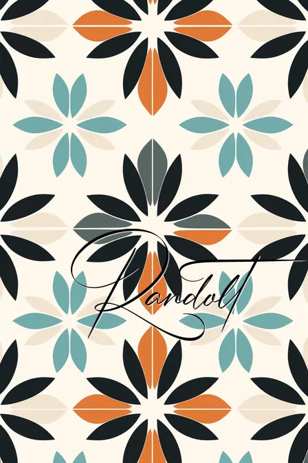 Geometric floral pattern with orange, teal, black petals on cream background. Elegant script text overlay.