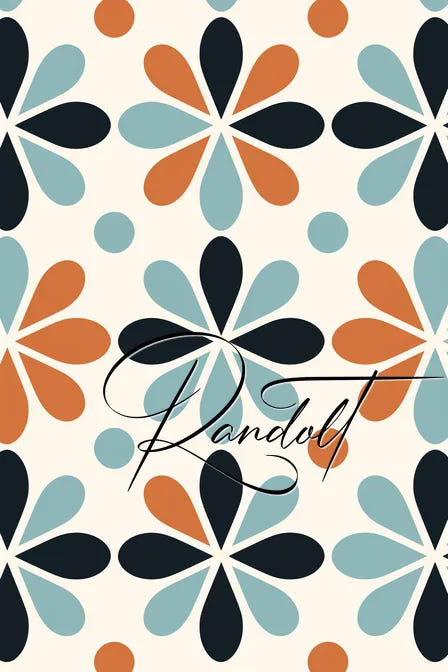 Retro floral pattern with blue, orange, and black petals, featuring script text overlay of 'Randolf.'