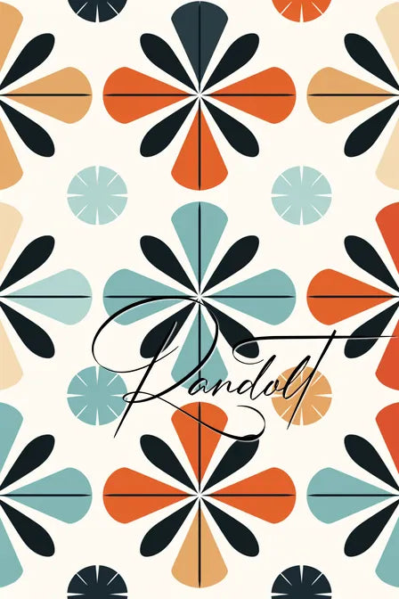 Colorful retro floral pattern with orange, blue, and black petals on a light background.