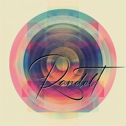 Colorful geometric pattern with concentric circles, overlaid with cursive text reading 'Randolt'.