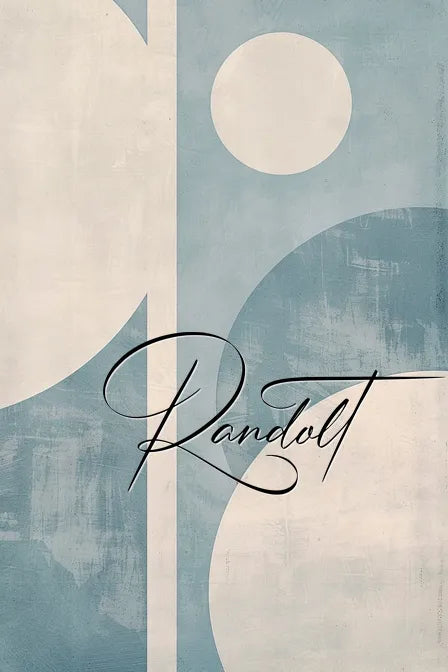 Abstract geometric design with blue and beige circles and lines. Cursive text reads 'Randolt' in the center.