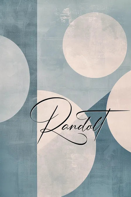 Abstract geometric art with large white circles on a textured blue background, elegant cursive text 'Randolt' overlay.