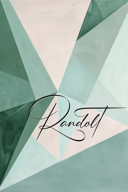 Abstract geometric painting with green and white triangles and the word 'Randolt' written in elegant script.