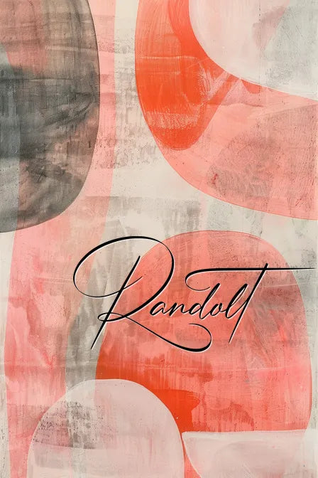 Abstract art with pink, red, and gray shapes; cursive text "Randolt" in the center.