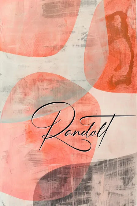 Abstract painting with layered pink, orange, and gray shapes; the word "Randolt" is written in elegant script.