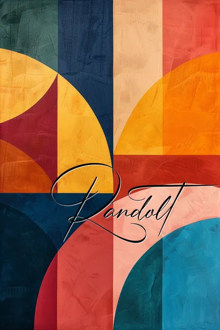 Geometric abstract art with overlapping colorful circles and rectangles, featuring the word "Randolt" elegantly scripted.