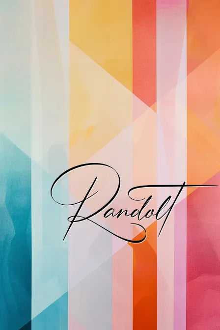 Abstract geometric background with vertical pastel stripes and 'Randolt' text in elegant script font.