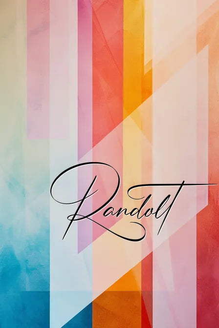 Colorful geometric abstract painting with a blend of pastel shades and the word 'Randolt' in elegant script.