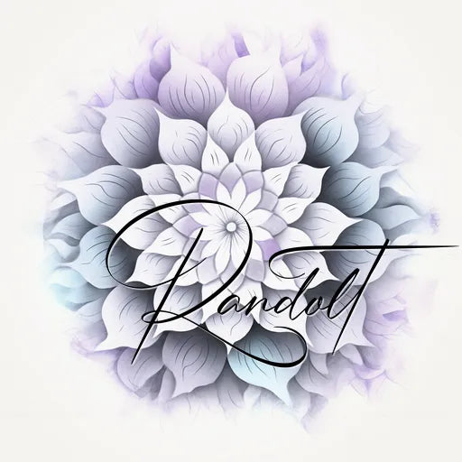 Abstract floral design with gradient petals and elegant cursive text overlay.