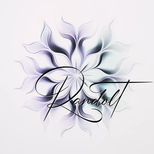 Elegant calligraphy of 'Randolt' with abstract floral design in soft purple and blue hues on white background.