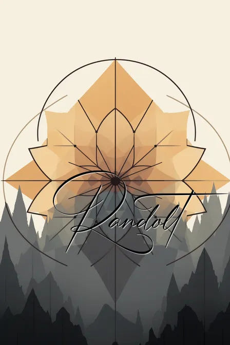 Geometric star pattern above layered mountains with cursive text overlay on a beige background.