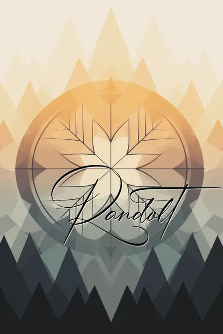 Geometric abstract art with mountain shapes and a central circular leaf design, overlaid with cursive text 'Randolt.'