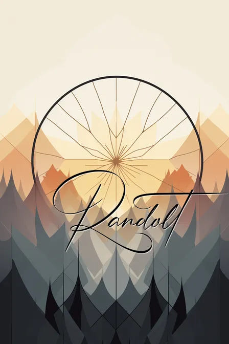 Abstract geometric landscape with mountains and large circular design, featuring elegant cursive text reading 'Randolt.'