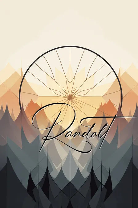 Abstract geometric landscape with mountains and large circular design, featuring elegant cursive text reading 'Randolt.'