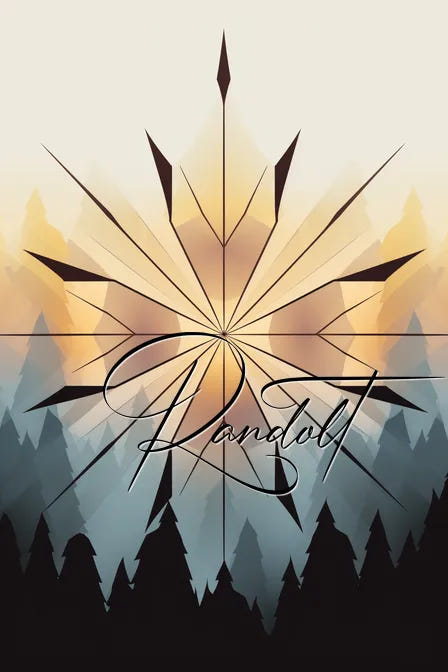 Geometric mountain landscape with sunburst and 'Randolt' script overlay.