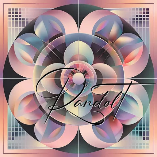 Geometric abstract art with pastel circles and floral patterns in concentric layers, overlayed by the word 'Randolt' in script.