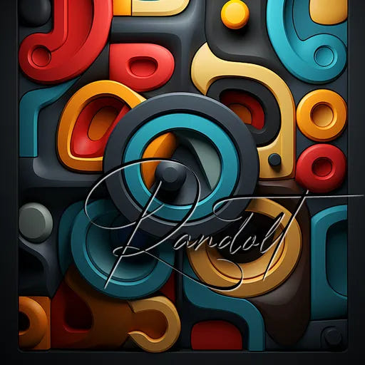 Colorful abstract art with overlapping 3D shapes in red, blue, yellow, and orange tones, signed 'Randol'.