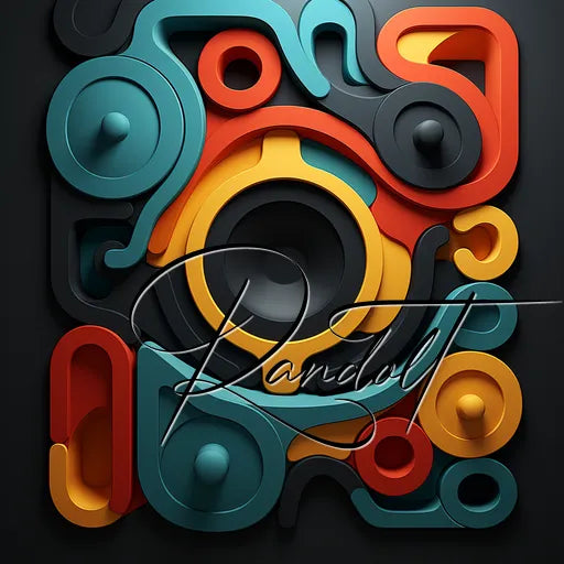 Abstract art with intertwined 3D shapes in blue, red, orange, and yellow on a dark background.