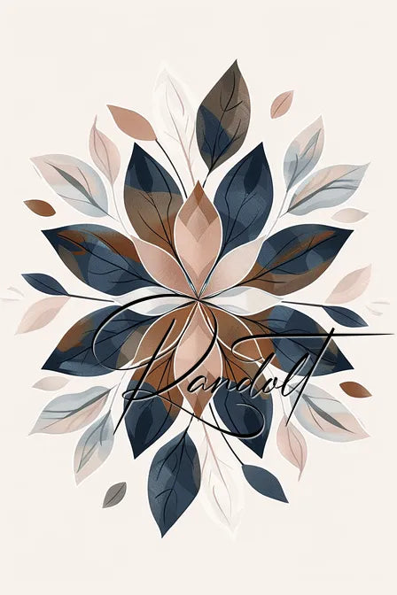 Abstract floral pattern with layered leaves in shades of blue, beige, and brown on a light background.