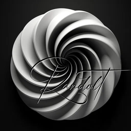 3D white swirl sculpture with elegant black script text on a dark background.