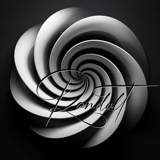 Abstract black and white spiral design with a signature overlay in cursive font.