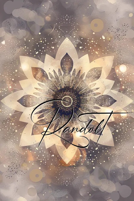 Intricate mandala design with soft earth tones and a cursive script overlay on a textured, abstract background.