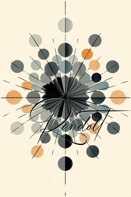 Abstract geometric burst with black and orange circles, radial lines, and cursive 'Randolph' text on a light background.