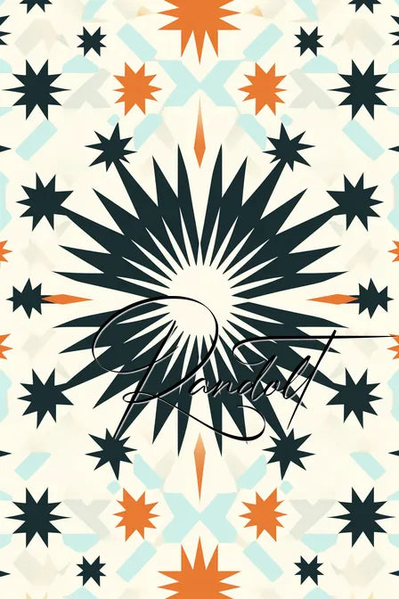 Geometric pattern with orange, blue, and black star shapes on a light background.