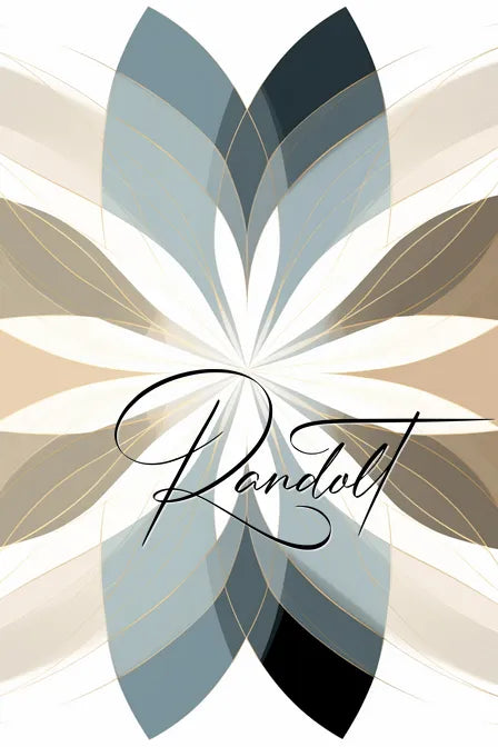 Abstract geometric design with teal, cream, and brown overlapping petals and the word 'Randolt' in cursive.