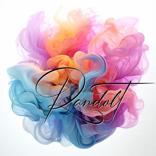 Vibrant abstract swirl of pink, orange, blue, and purple hues with elegant script text overlay.