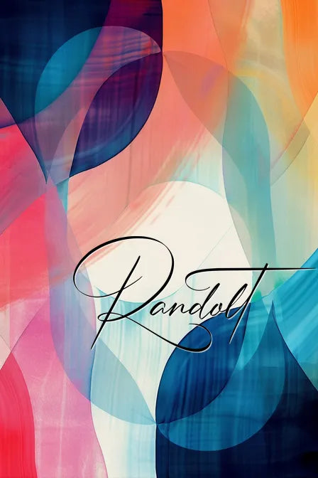 Abstract colorful design with overlapping circles in pink, blue, and orange shades, featuring elegant script "Randolt."