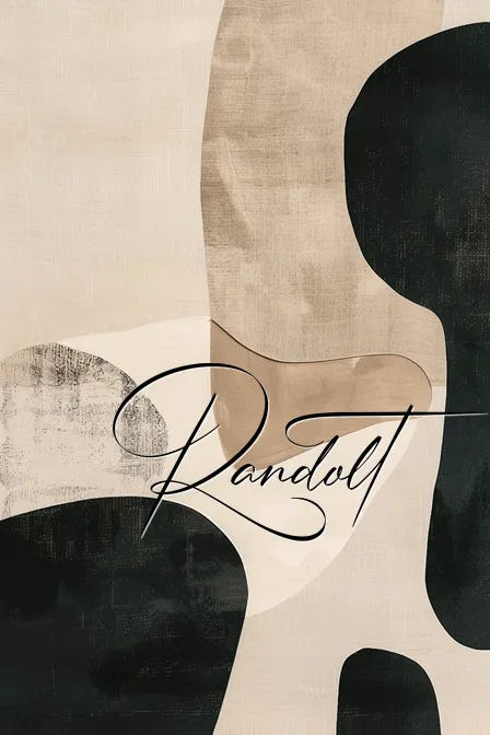 Abstract painting with black and beige shapes and the word 'Randolt' in script font overlay.