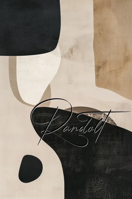 Abstract geometric painting with black, beige, and white shapes, featuring elegant cursive text overlay.