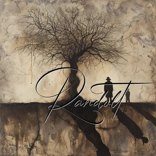 Silhouetted figures walking by a barren tree on a cracked earth background with artistic text overlay.