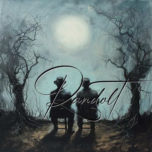 Moody painting of two faceless figures sitting under a full moon with bare trees and a signature overlay.