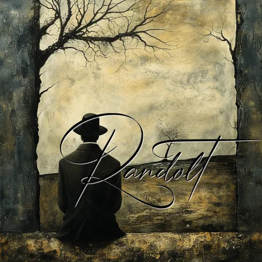 Silhouetted figure in suit and hat facing a barren landscape with branches, signature "Randolt" overlaying the scene.