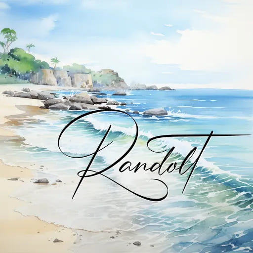 Seaside scene with sandy beach, rocks, and gentle waves under a blue sky with "Randolt" written across.