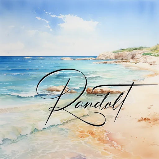 Serene beach scene with gentle waves and blue sky, featuring elegant script overlay 'Randolt' on sandy shore.