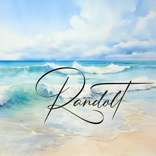 Calm ocean waves with blue sky, featuring elegant script text "Randolt" overlaid.