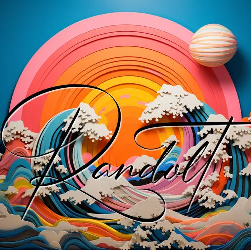 3D paper art of ocean waves with a colorful sunset, featuring abstract text and a striped planet-like shape.