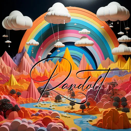 Colorful paper art landscape with rainbows, clouds, and trees, featuring the word 'Randolt' in elegant script.