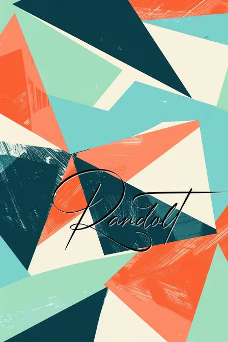 Abstract geometric pattern with teal, orange, and cream shapes, overlaid with cursive 'Randolt' text.