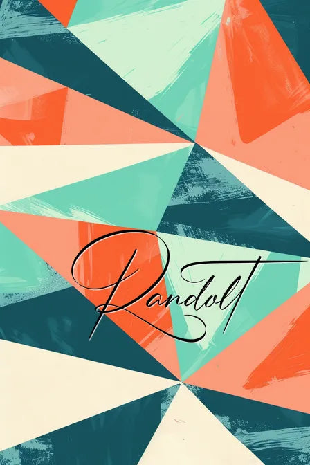 Geometric abstract art with teal, coral, and cream triangles, featuring the text 'Randolt' in elegant script.