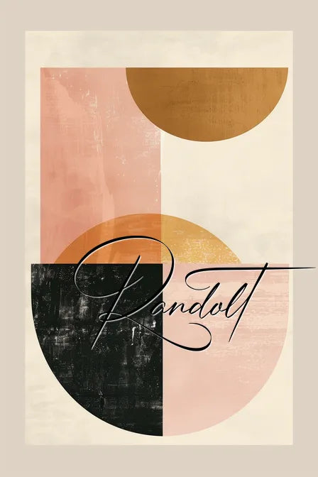 Abstract geometric art with overlapping circles in pink, gold, and black tones, featuring elegant script text.